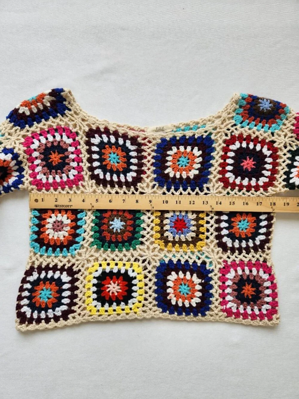 Colorful Crochet Granny Square Sweater Summer Beach Festival Boho Hippie Cropped - Picture 7 of 8